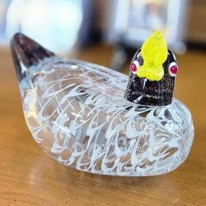 Blown Glass Duck Paperweight Figurine with Yellow and White Accents